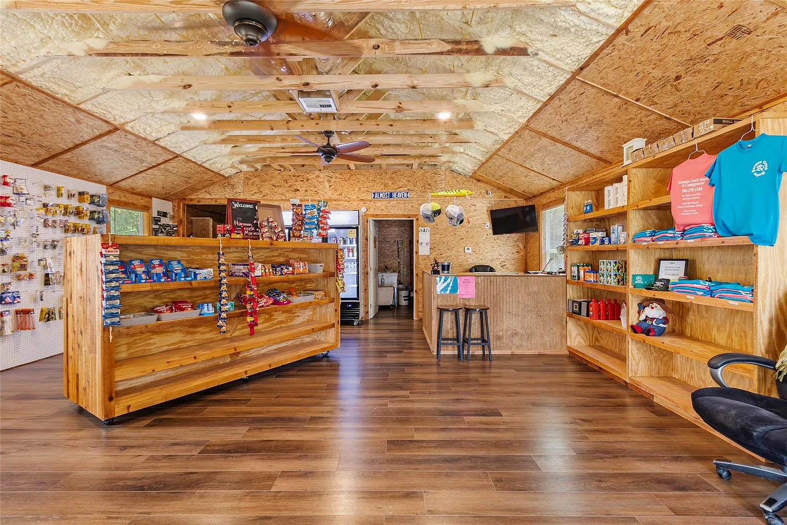 Inside our camp store, stocked with snacks, tackle, and gear